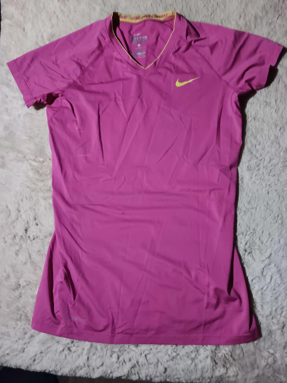 Nike Women's Magenta V-Neck Pro Combat  Athletic Shirt with Yellow Swoosh